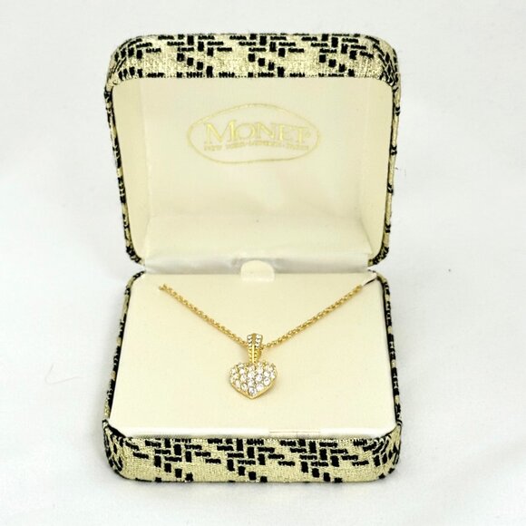 Vintage Monet Gold Tone Heart Necklace w/Crystal Rhinestones In Box - Picture 2 of 8